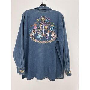 Bob Mackie Shirt Womens 1X Denim Embroidered Maypole Spring Button Floral Art To